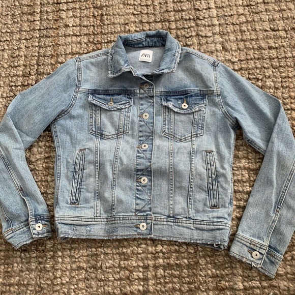 Zara Jackets & Blazers - Zara Womens M Denim Jacket Blue Distressed Long Sleeve Biker Stretch Pockets
